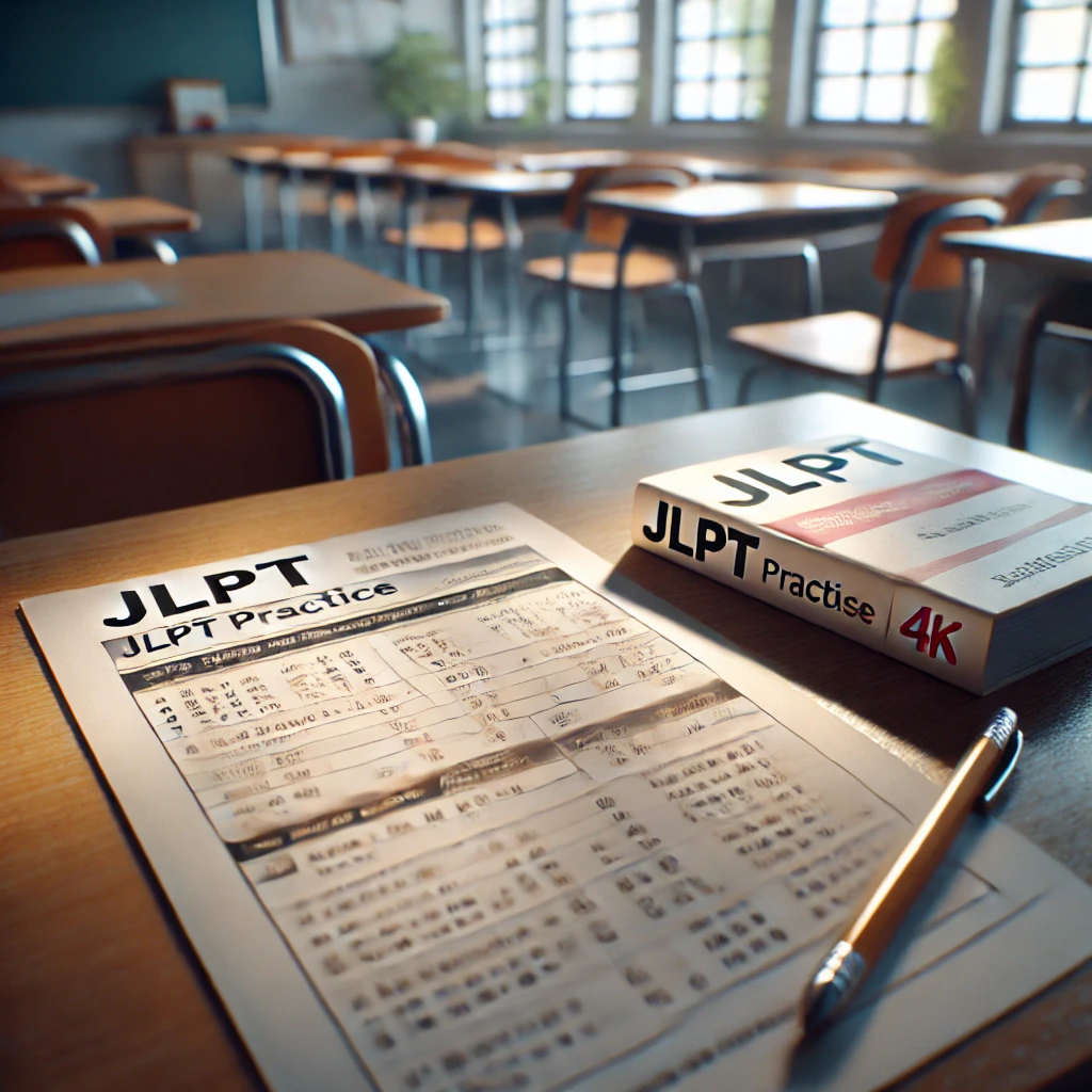 JLPT 연습 시험지를 포함한 단어장과 연필이 책상 위에 놓여 있는 조용한 교실의 모습. 창문을 통해 들어오는 햇빛이 시험 준비를 위한 정돈된 환경을 강조함