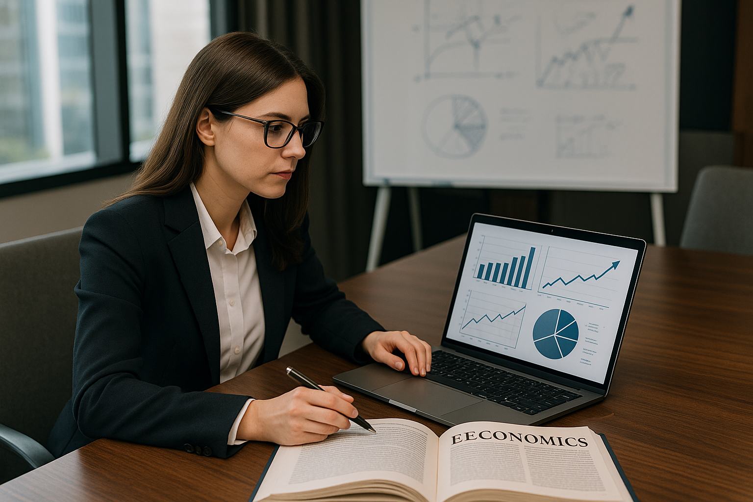 경영자가 경제도서를 참고하며 전략을 분석하는 이미지