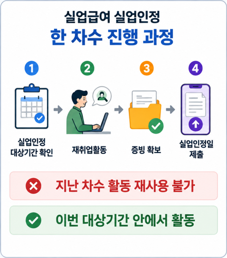 실업급여 실업인정 대상기간에 재취업활동을 하고 증빙 후 구직급여를 받는 흐름