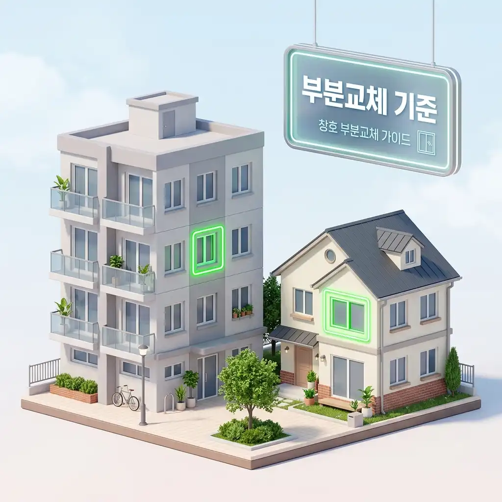 아파트와 단독주택의 그린리모델링 창호 부분 교체 자격 기준 차이를 설명하는 3D 일러스트.