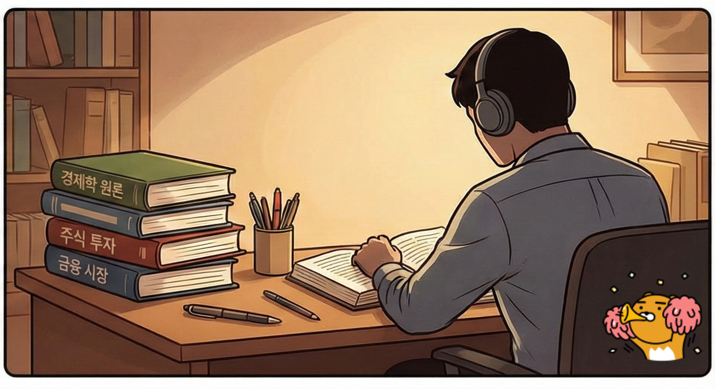 100일을 체크한 캘린더(달력)와 그 옆에 경제 관련 서적, 필기구, 그리고 차분히 앉아 공부하는 직장인의 뒷모습