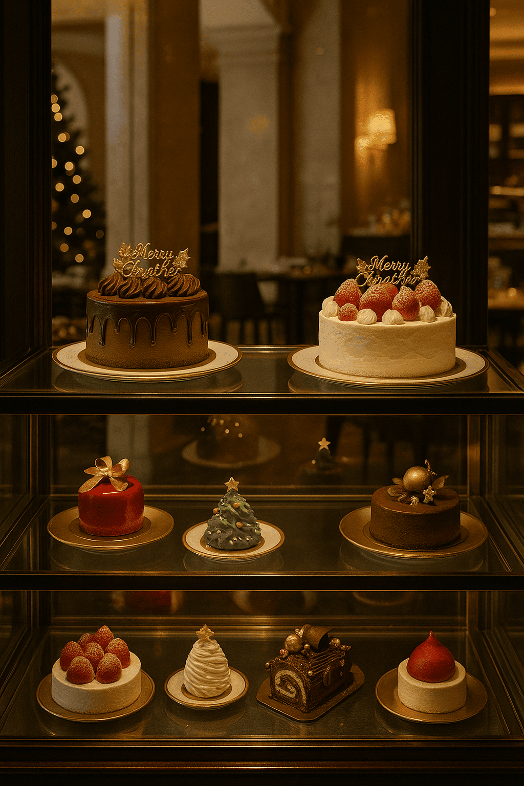 Elegant Christmas cakes at a luxury hotel patisserie