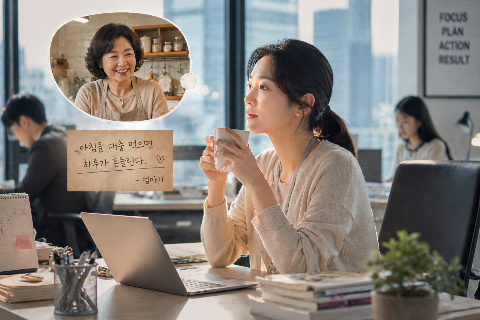 직장에서 커피를 마시며 엄마의 아침 조언을 떠올리는 직장인 딸의 점심 전 모습