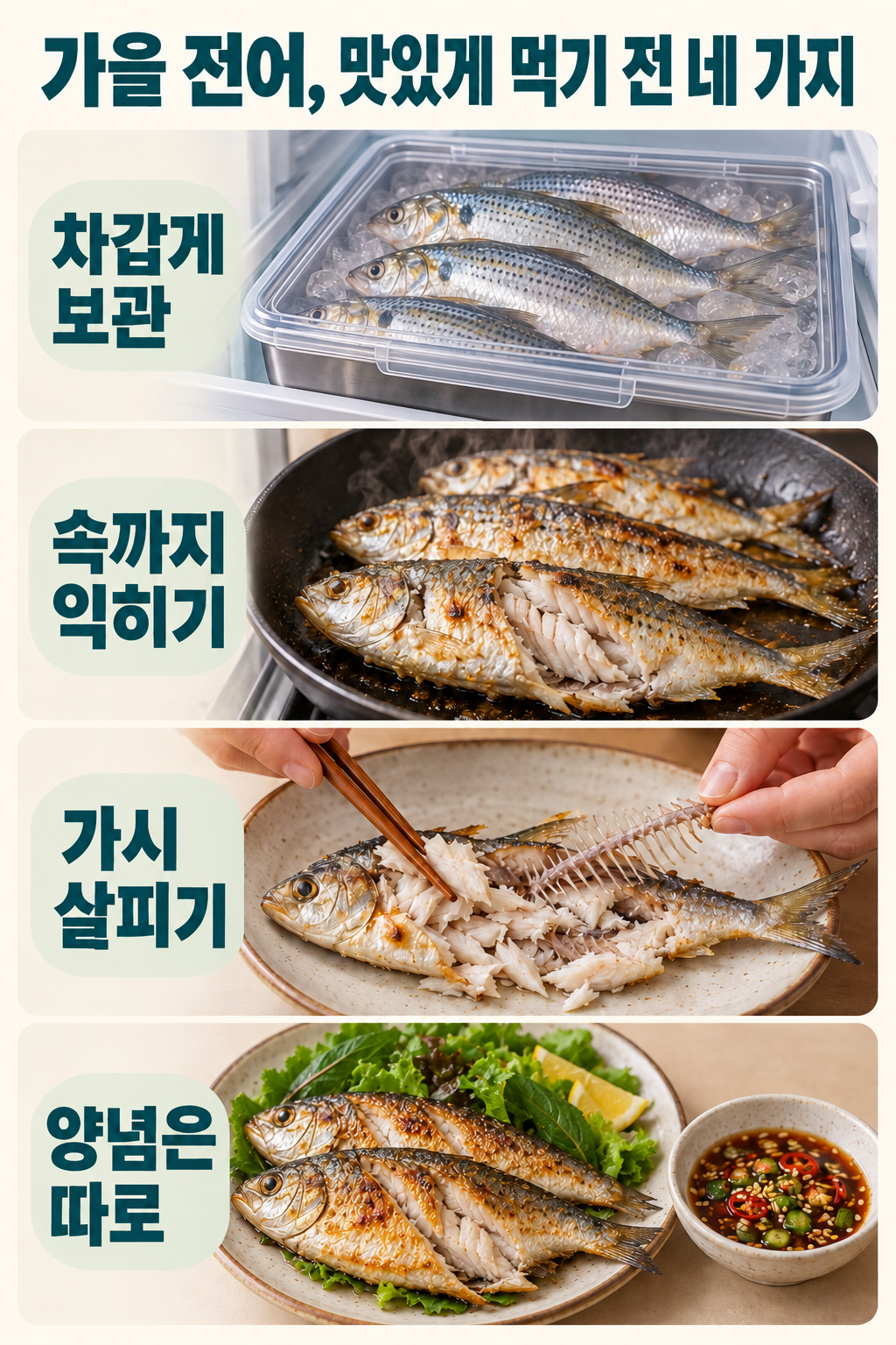 전어를 차갑게 보관하고 속까지 익힌 뒤 가시를 살피고 양념을 따로 담는 네 가지 실천.