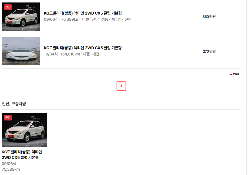 쌍용 액티언 중고차 가격 시세표 유지비