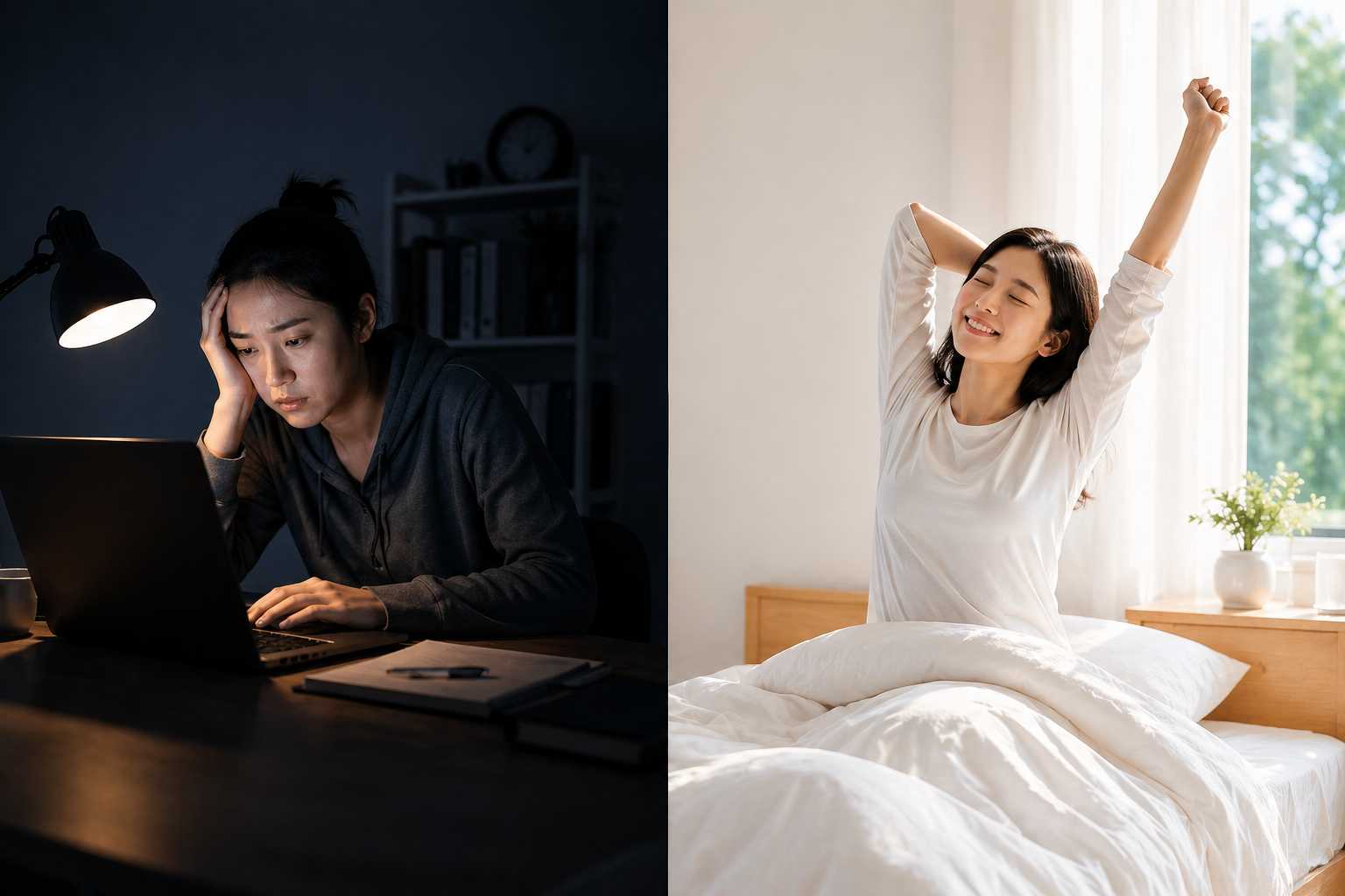 수면 부채로 피곤해하는 사람과 상쾌한 기상 모습 비교
