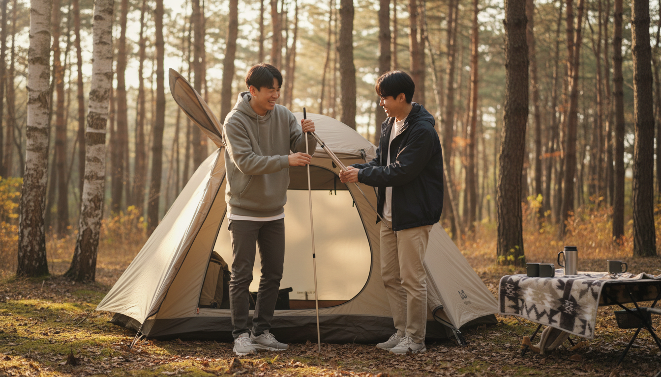 쉬운 설치가 가능한 DoD 우사기노이루 텐트를 설치하며 웃고 있는 캠퍼들