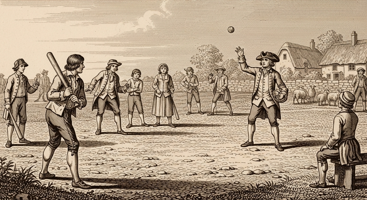 18세기 영국 시골에서 사람들이 막대기와 공으로 간단한 놀이를 하는 모습. 야구의 원시적 형태를 보여주는 삽화.