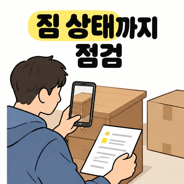 짐 상태까지 점검 문구 아래에서 남성이 준비 목록을 들고 스마트폰으로 서랍장 상태를 촬영하는 모습