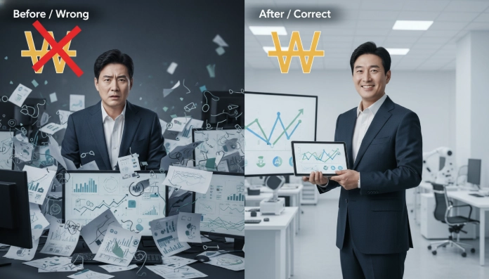 2026년 스마트공장 특수관계인 거래 인정 기준 전후 비교 이미지: 혼란스러운 불인정 사례와 명확하게 인정받는 투명한 거래 과정을 대비하여 보여줍니다.