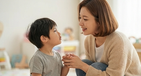 아이와 눈높이를 맞추고 대화하는 엄마