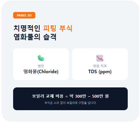금속 보일러에 구멍을 내는 치명적인 피팅 부식의 원인을 분석한 패널입니다. 부식의 주범인 **염화물(Chloride)**과 위험 지표인 TDS를 명시하며, 관리 소홀 시 발생하는 약 300만에서 500만 원에 달하는 보일러 교체 비용 리스크를 공학적 데이터로 경고합니다.