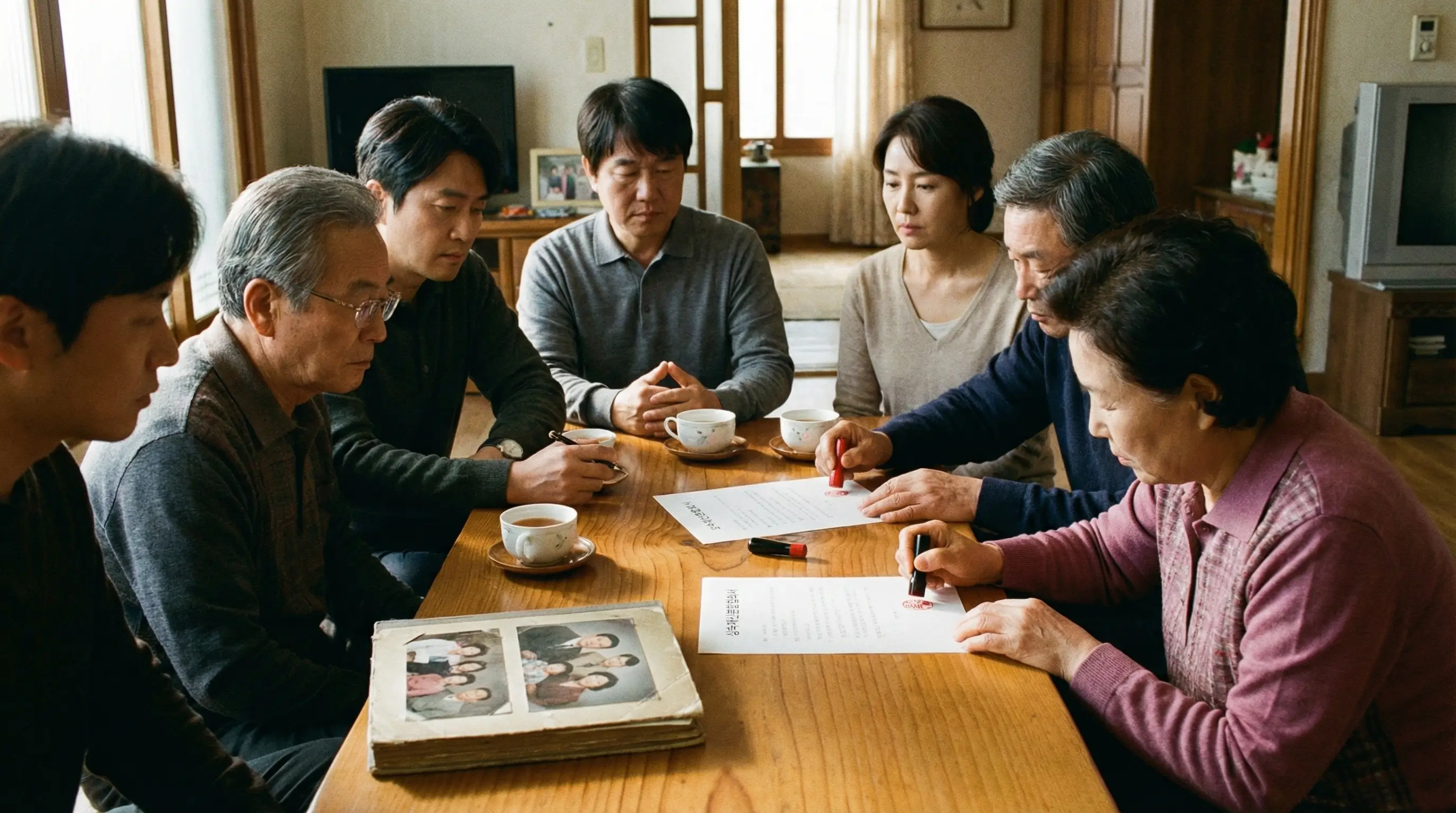 상속인들이 모여 상속 재산 분할 협의서를 작성하고 인감도장을 찍는 모습