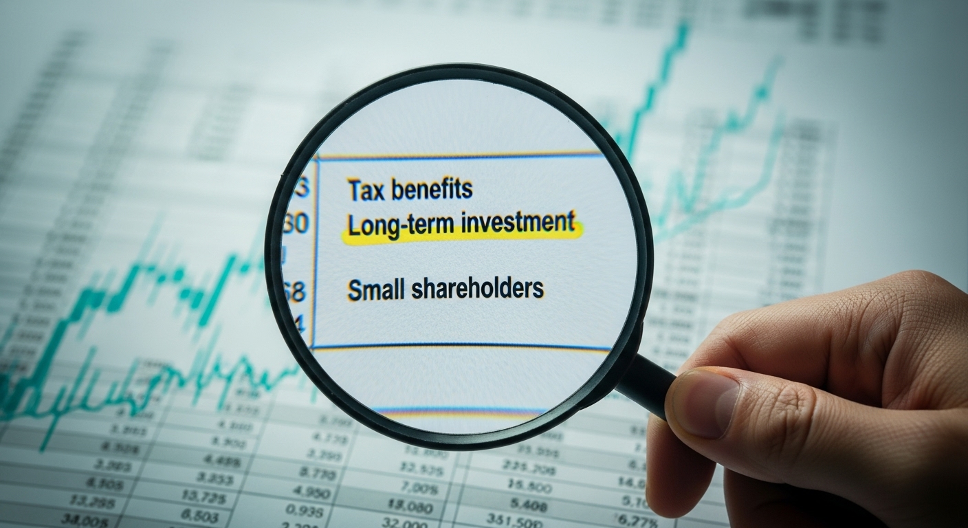 확대경으로 주식 세금 혜택과 장기 투자를 분석하는 손. 신중한 투자 전략을 상징하는 모습.