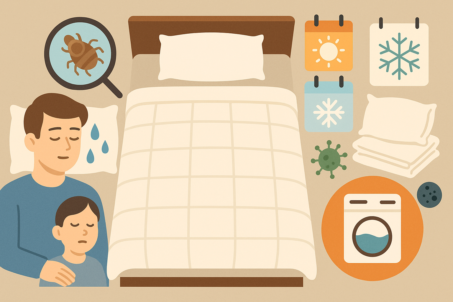 침대 위 이불과 수면 중 땀과 진드기를 표현한 아빠와 아이, 계절 캘린더 및 세탁기 아이콘이 포함된 이불 세탁 주기 안내 일러스트