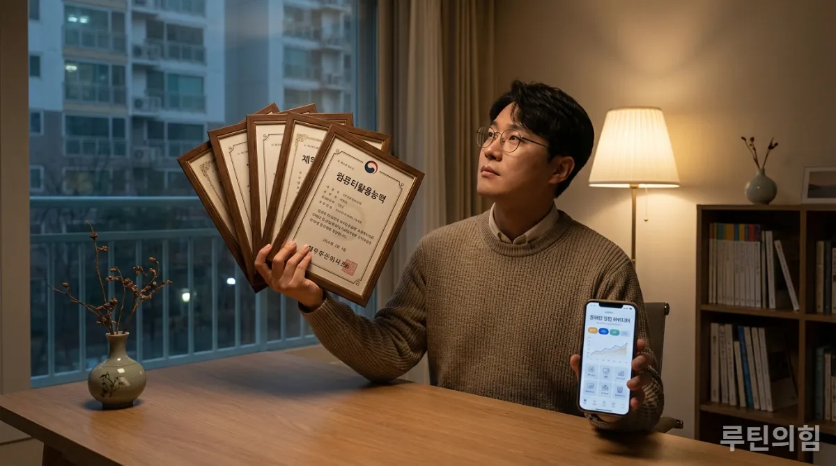 직장인 자격증 취득 후 미래 커리어를 고민하는 한국 직장인의 모습