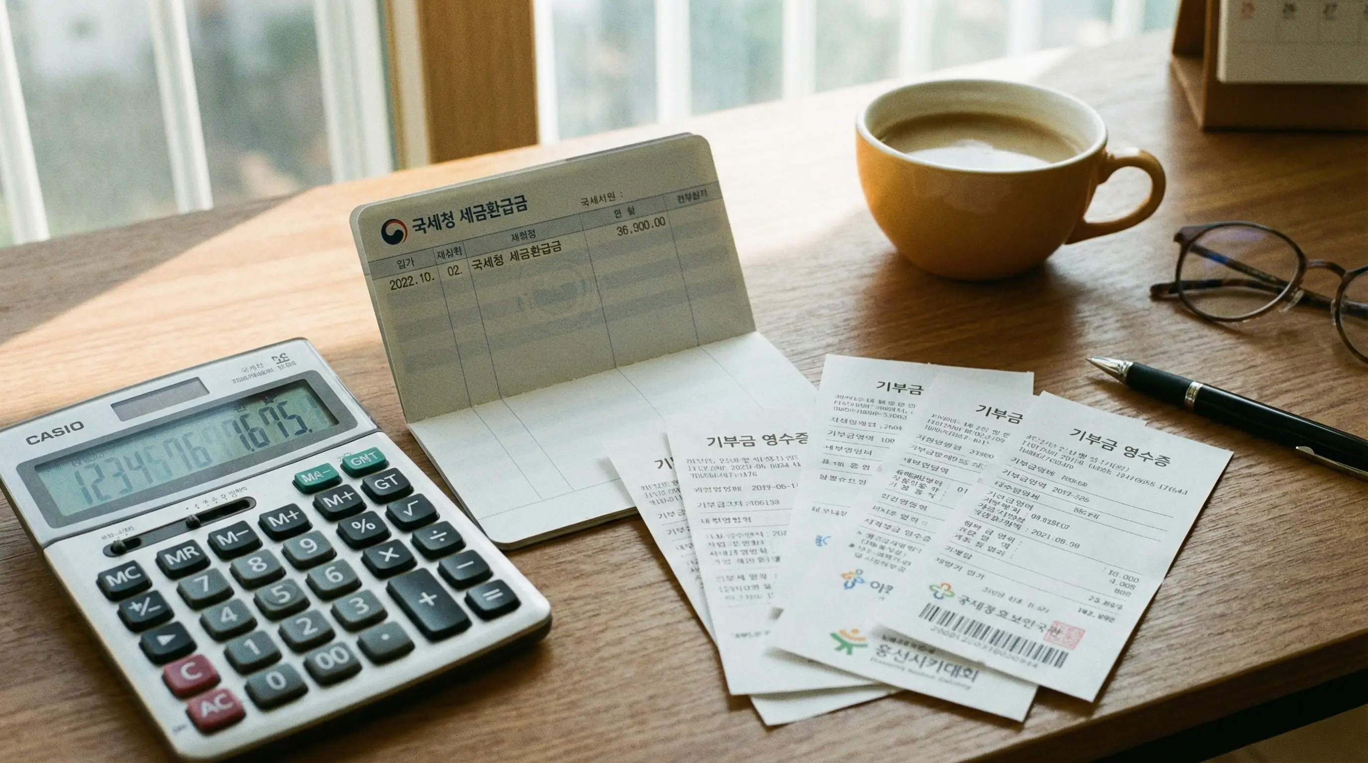 계산기와 세금 환급금 통장, 그리고 기부금 영수증이 놓인 책상 위의 모습