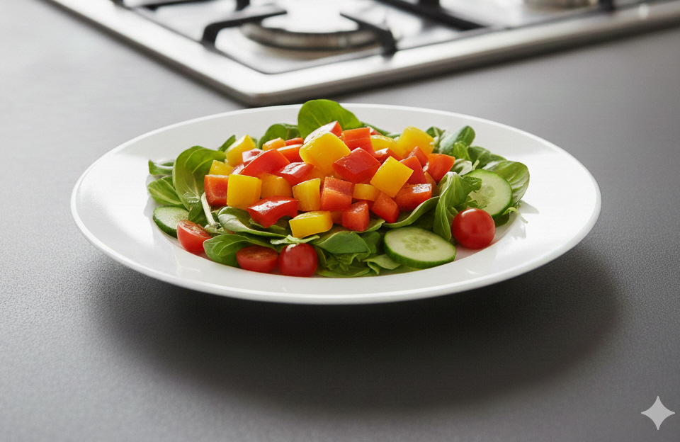 알록달록한 파프리카 조각들이 더해져 시각적 즐거움을 주는 다이어트용 샐러드