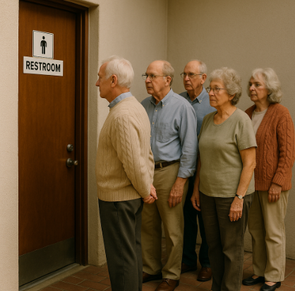 화장실에 길게 줄서 있는 모습