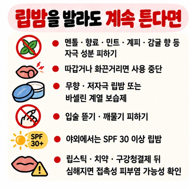 멘톨 향료 민트 계피 향처럼 자극적인 립 제품을 피하고 무향 립밤과 바셀린 계열 보습제를 사용하는 관리법 카드