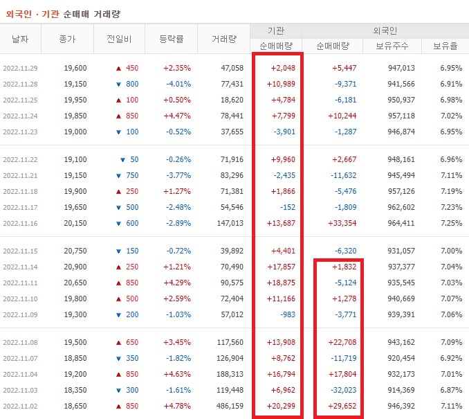 레이 11월 외국인 기관 순매수