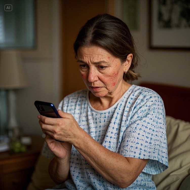 한 여성 환자가 팔에 붉은 발진을 보고 걱정하는 모습, 대상포진 증상을 스마트폰으로 검색하는 장면