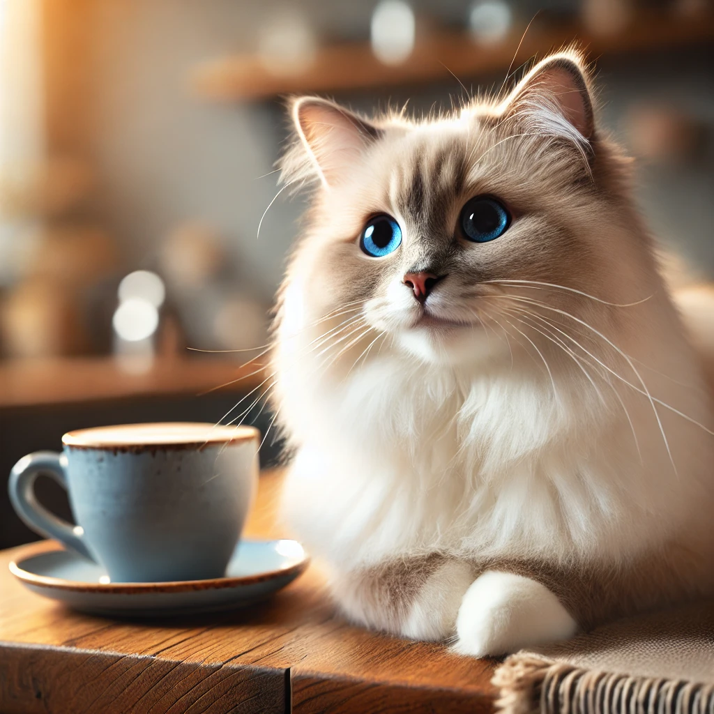 나무 테이블 위에서 커피잔 옆에 앉아 있는 푹신한 랙돌 고양이. 밝은 파란 눈과 부드러운 털이 돋보이는 따뜻한 분위기의 장면.