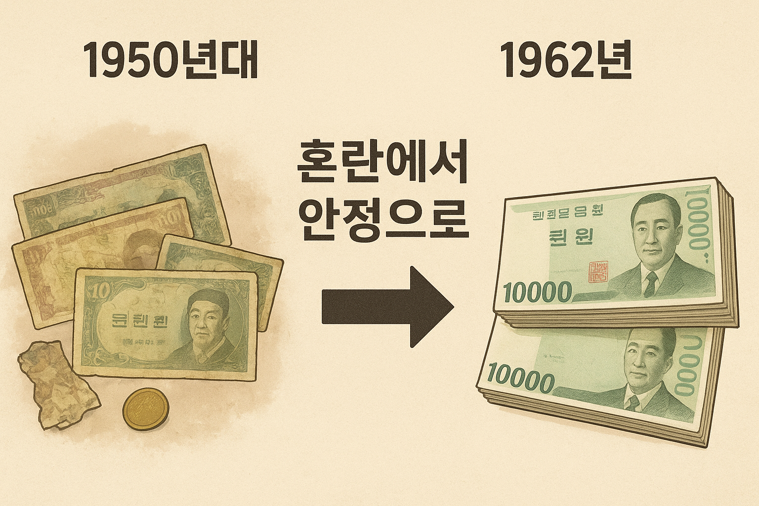 1950년대 전쟁 속 원화 붕괴와 1962년 신권 발행으로 화폐 안정화된 모습 비교 인포그래픽