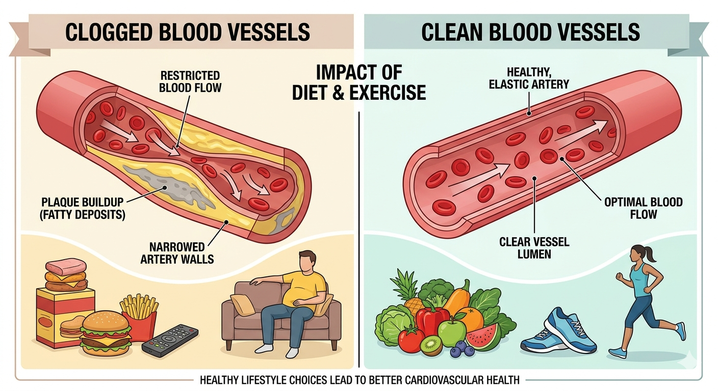 Image comparing blocked and clear blood vessels through a healthy diet and exercise