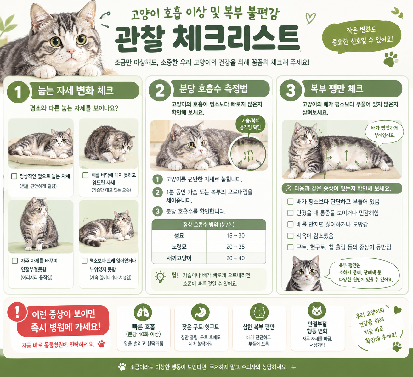 고양이 호흡 이상 및 복부 불편감 관찰 체크리스트