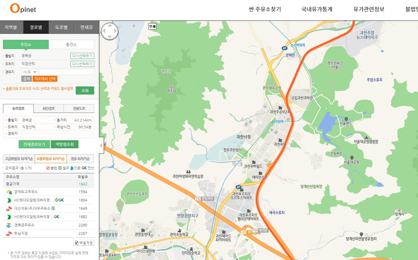 경복궁에서 인천시청까지 경로 검색 결과로 가장 저렴한 주유소를 찾은 화면