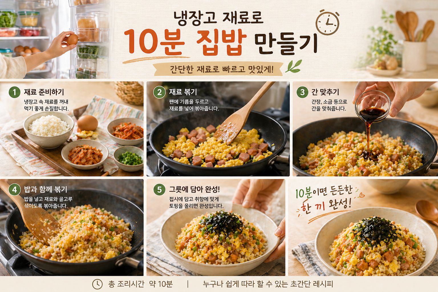 냉장고 재료를 꺼내 볶고 담아내는 10분 집밥 만드는 과정 안내 이미지