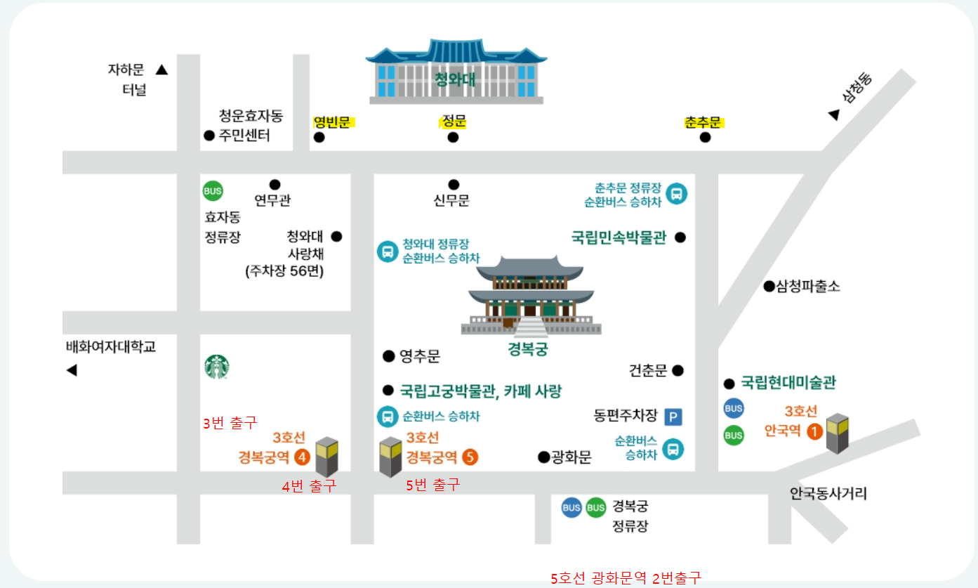 청와대 관람 주차장 및 대중교통-청와대 주변 지도
