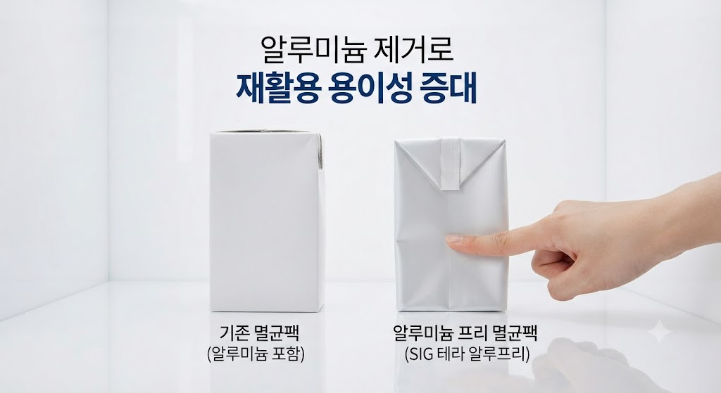 알루미늄 문제를 해결한 기술 혁신 사례입니다. 서울우유가 도입한 '알루미늄 프리 멸균팩'을 소개합니다. 기존 멸균팩과 달리 알루미늄 층이 제거되어 일반팩처럼 손쉽게 납작하게 접히는 모습을 보여줍니다. 소재 단순화가 가져온 재활용 용이성을 강조합니다.