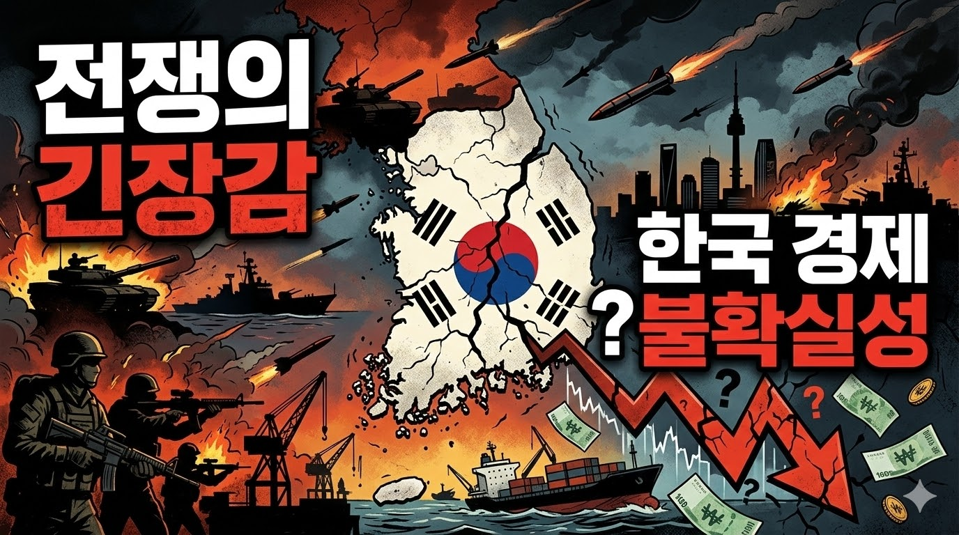 2026 미국-이란 전쟁 장기화 시나리오를 나타내는 불길과 긴장된 한반도 지도 일러스트
