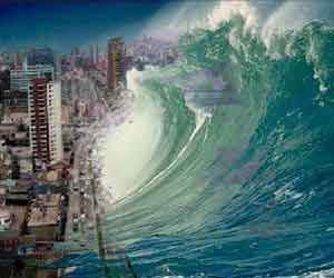 쓰나미가 마을을 덮치는 모습