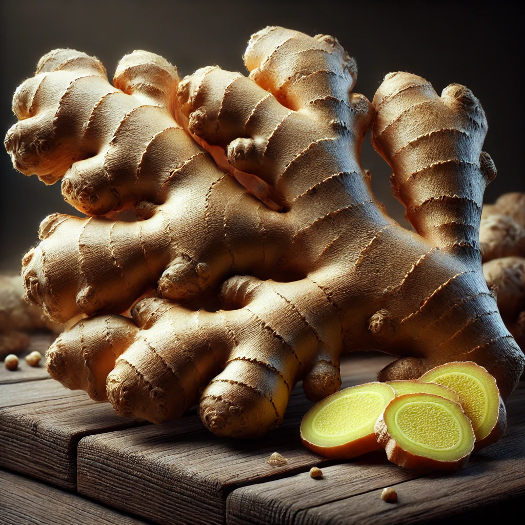 나무 위에 놓인 신선한 생강 뿌리와 조각들의 극사실적 이미지. 생강의 거친 텍스처와 자연스러운 색감이 강조되어 있다.