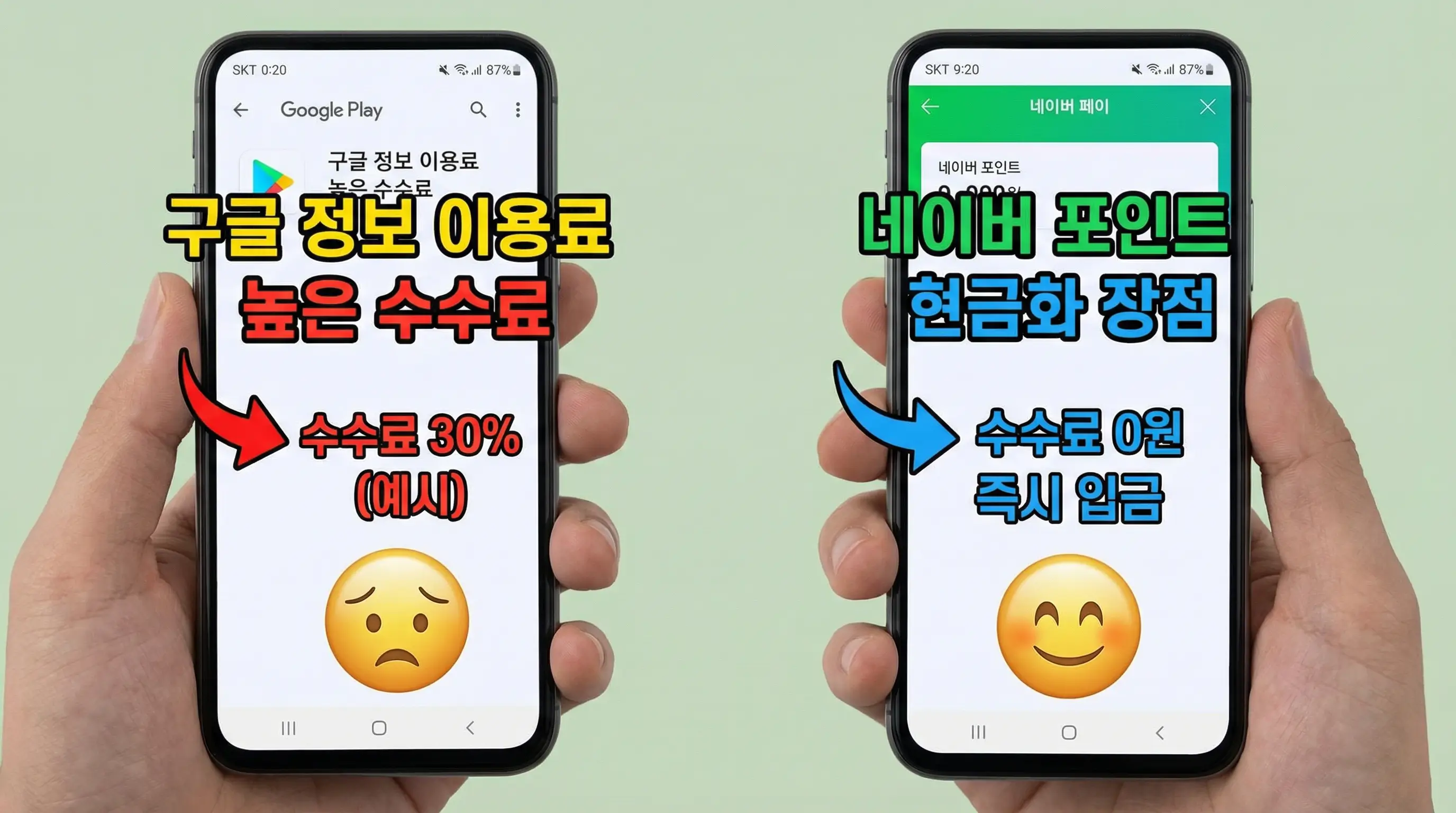 구글 정보 이용료의 높은 수수료 문제와 네이버 포인트 현금화의 장점을 비교하는 스마트폰 화면