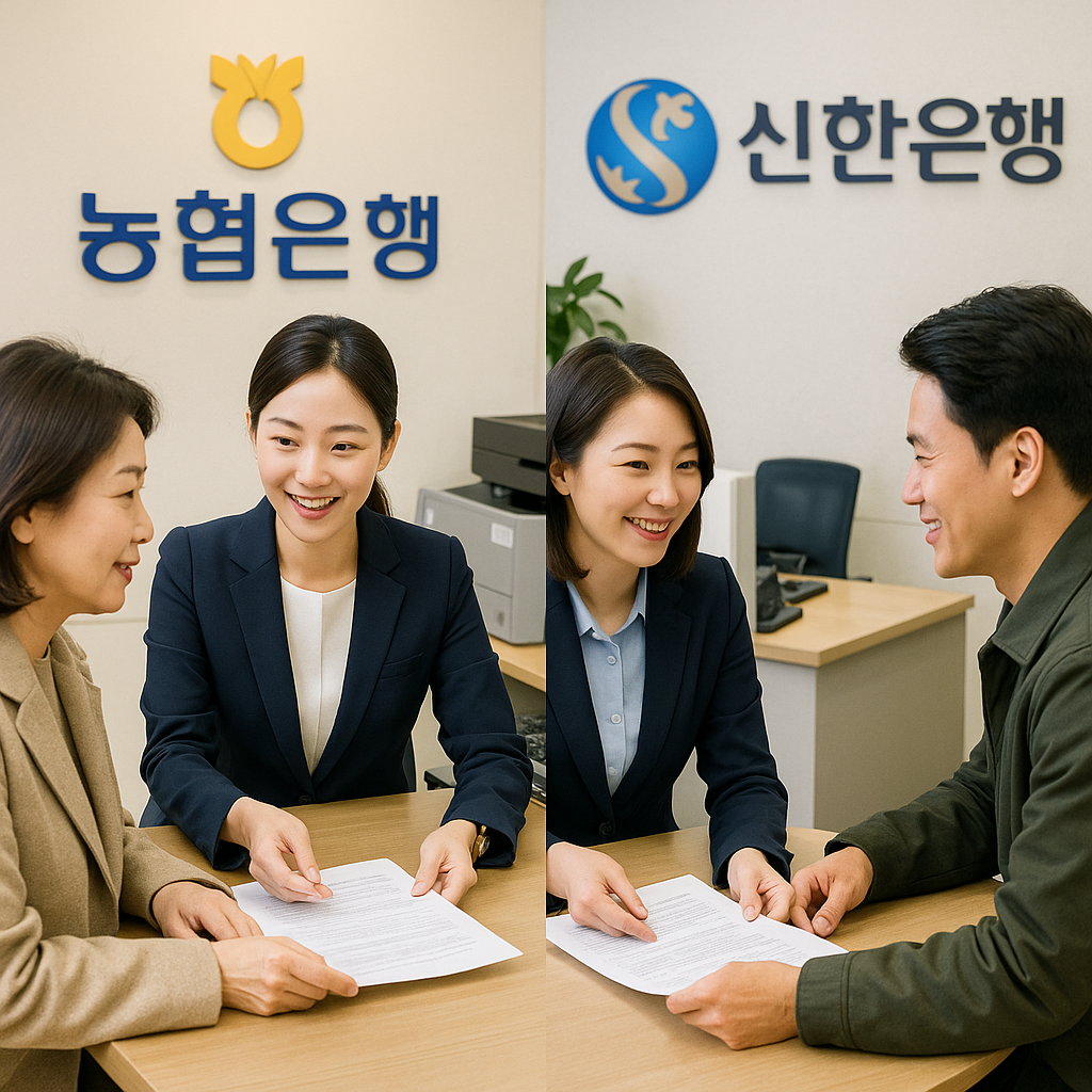 농협&middot;신한은행 창구 직원이 고객과 상담하는 사진