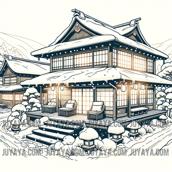 니가타 에치고유자와의 전통 일본 료칸, 눈 덮인 지붕과 따뜻한 불빛이 비치는 창문