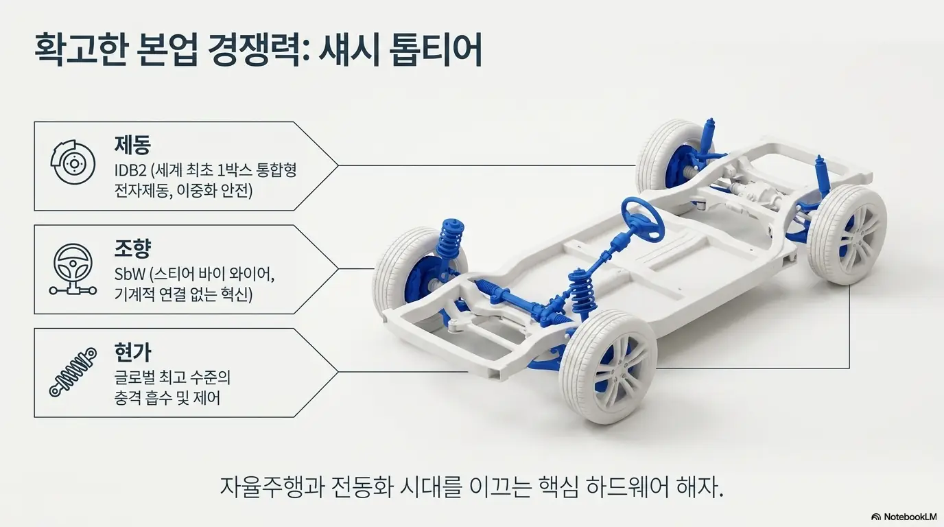 HL만도 주가 전망&amp;#44; &rsquo;확고한 본업 경쟁력: 섀시 톱티어&amp;#39;라는 제목으로 HL만도의 제동(IDB2)&amp;#44; 조향(SbW)&amp;#44; 현가 3대 섀시 사업부를 자동차 플랫폼 위에 표시한 인포그래픽. 자율주행과 전동화 시대를 이끄는 HL만도의 핵심 하드웨어 본업 경쟁력을 시각적으로 전달하며&amp;#44; 블로그의 HL만도 사업 구조 분석과 관련된 내용을 설명함 