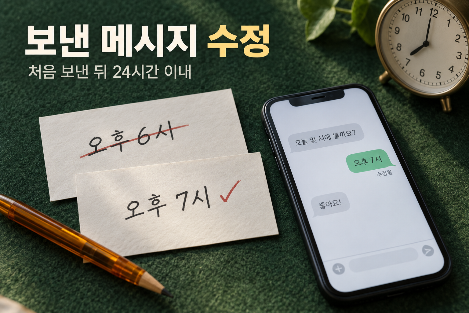 오후 6시를 7시로 고치는 메시지와 수정됨 표시의 개념 예시