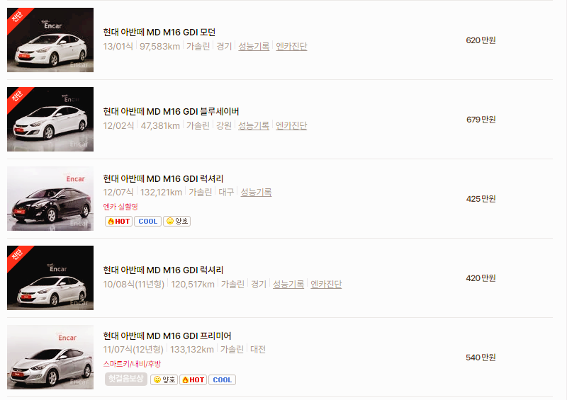 현대 아반떼 중고차 가격 시세표 24년10월