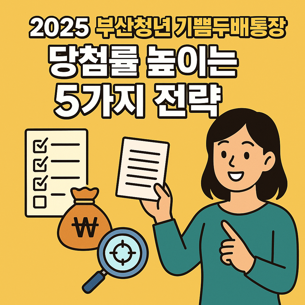 2025 부산청년 기쁨두배통장 당첨 전략을 상징하는 일러스트, 청년들이 체크리스트를 검토하며 지원서를 작성하는 모습과 돋보기&middot;통장 아이콘이 함께 배치된 디지털 썸네일