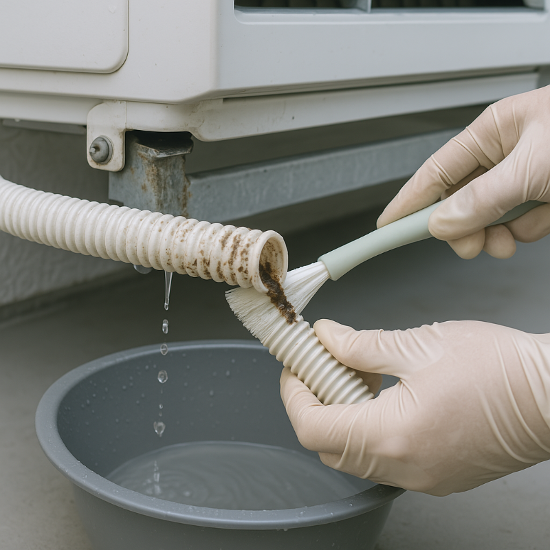 드레인 호스를 해체하여 세척하는 장면