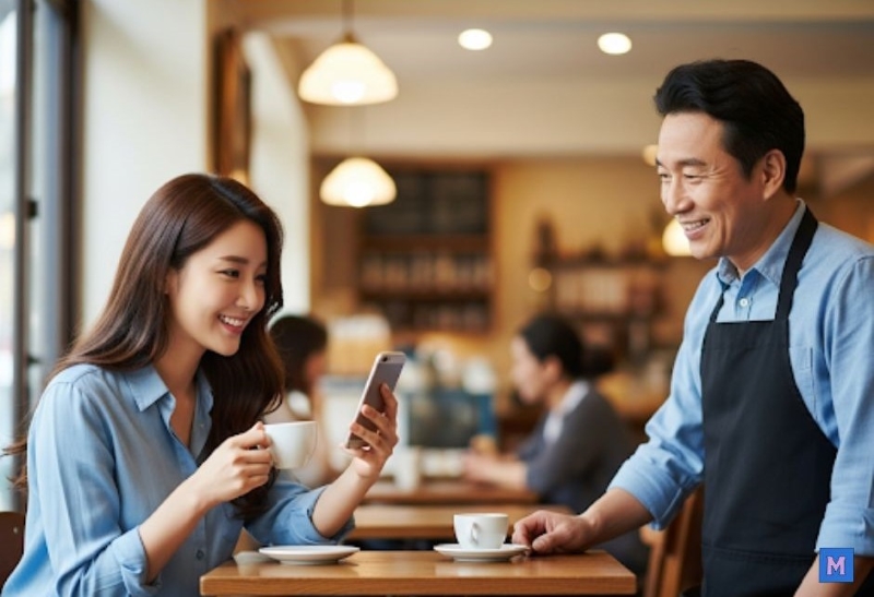 소상공인 대출 승인 후 성공적으로 카페를 운영하는 사장과 만족한 고객의 밝은 모습 via canva