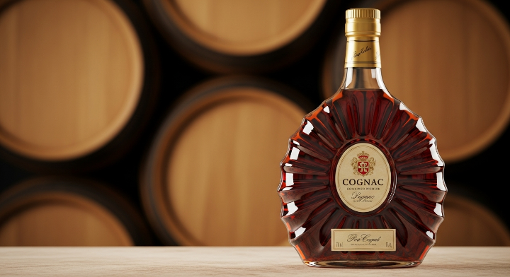 술을 보관하는 오크통을 배경으로 꼬냑이 있는 모습입니다. 꼬냑을 돋보이게 하기 위해 연출된 것으로 보입니다.