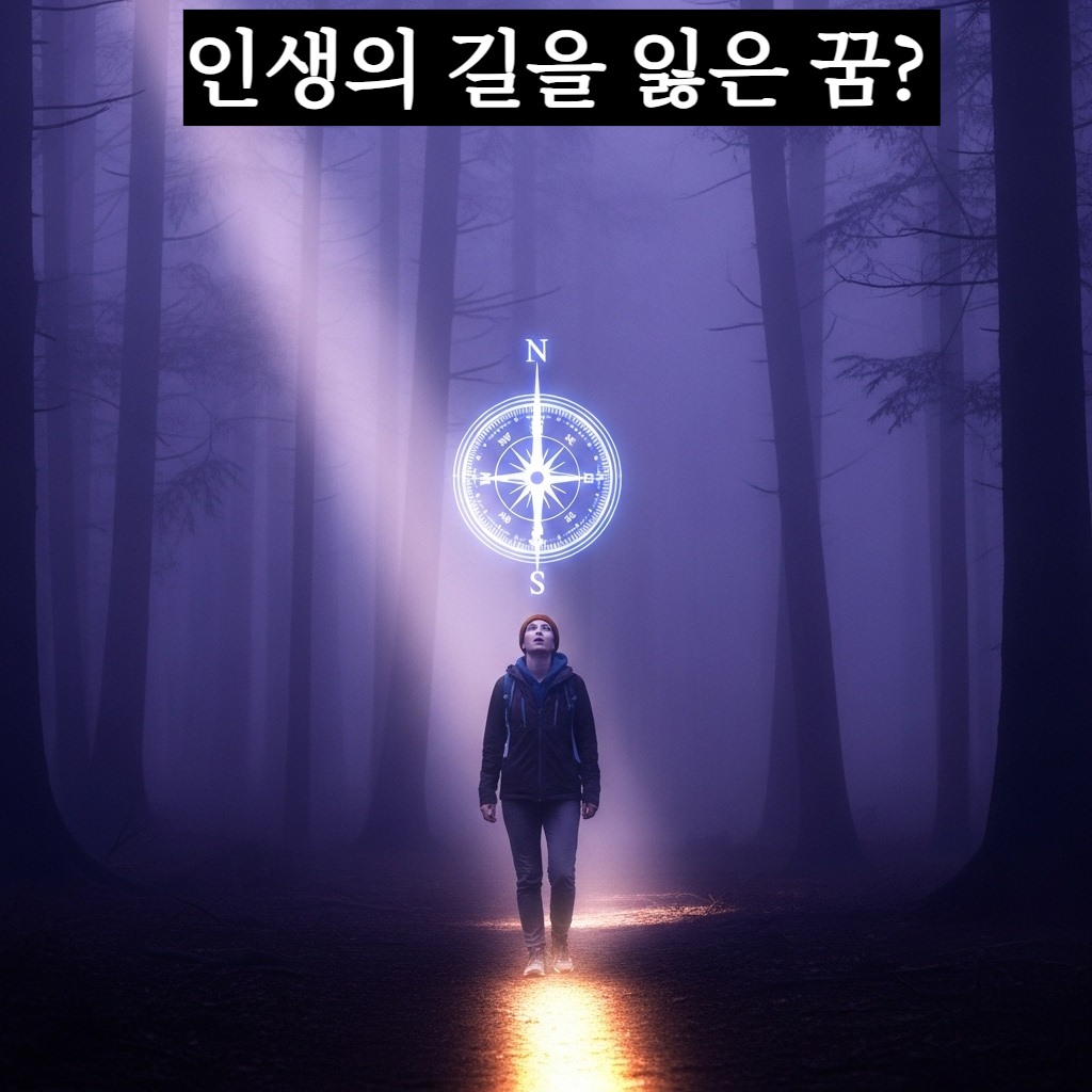 안개 낀 숲속에서 길을 잃은 사람이 공중에 떠 있는 신비로운 황금빛 나침반을 발견하는 몽환적인 일러스트