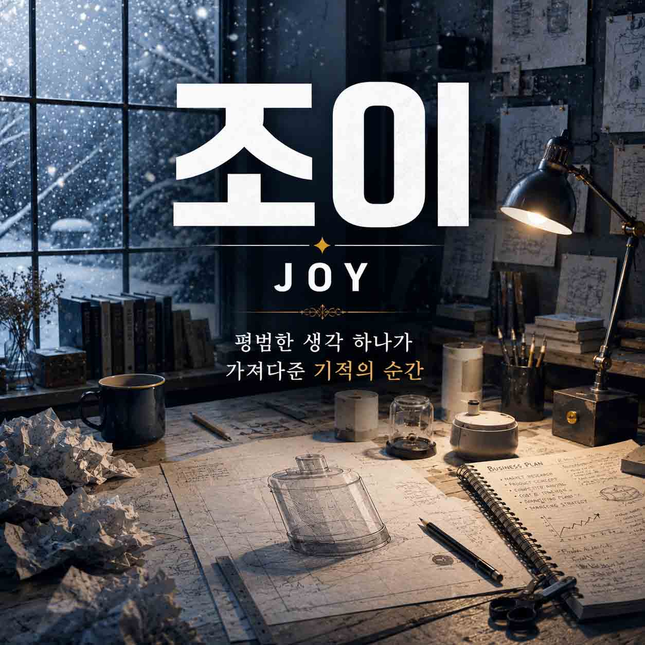 영화 조이를 표현한 겨울 작업실과 제품 설계도, 사업 계획 노트가 놓인 책상 이미지