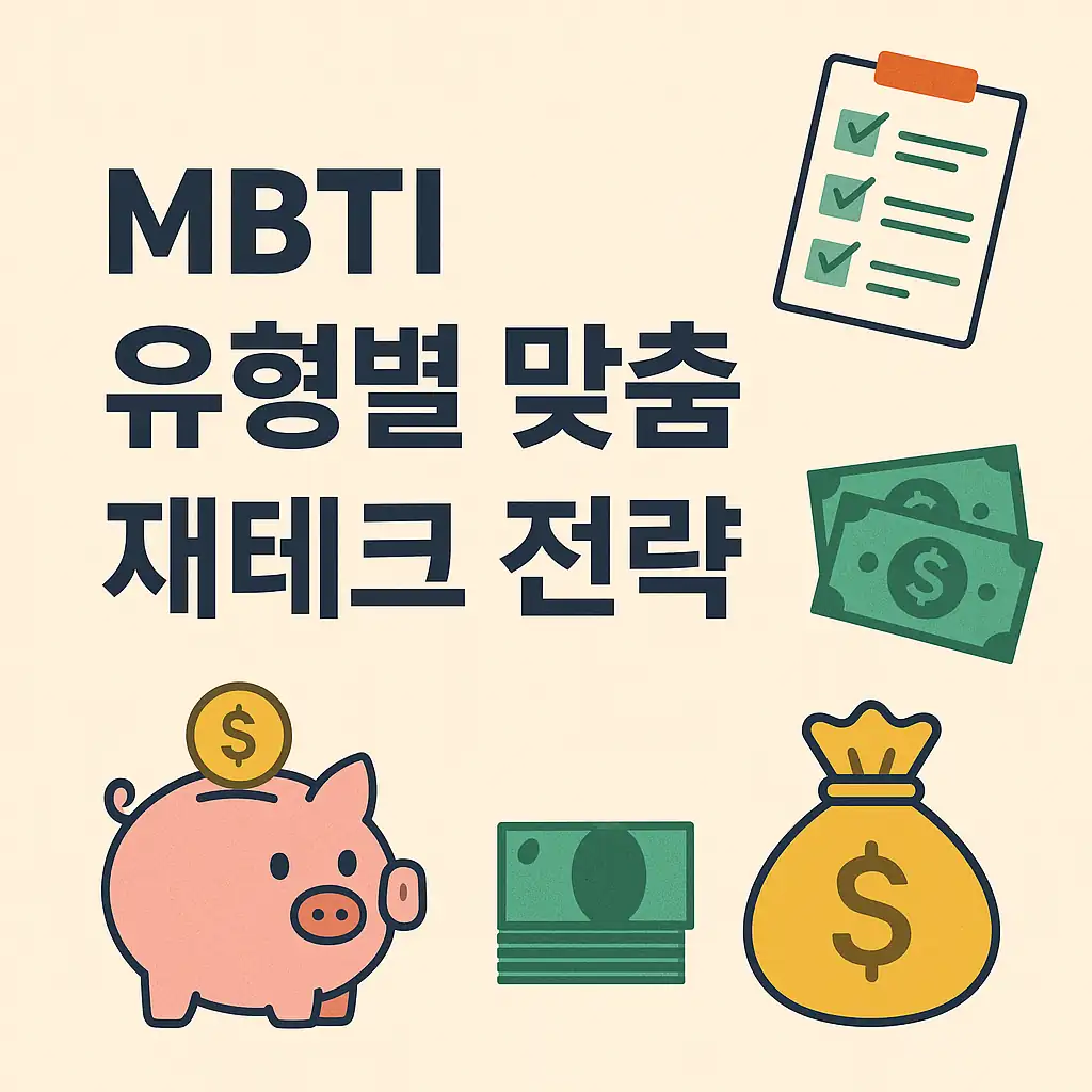 MBTI 유형별 맞춤 재테크 전략 썸네일 - 체크리스트, 돈 가방, 지폐, 돼지 저금통 일러스트 포함
